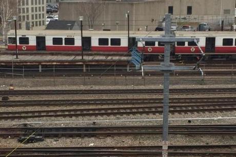 A Red Line train was spotted at the MBTA?s Cabot Yard facility in South Boston.
