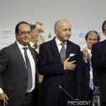 From left: President Francois Hollande of France; Laurent Fabius, the French foreign minister; and United Nations Secretary General Ban Ki-moon at the climate change conference in Le Bourget, outside Paris. 