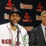 Boston Red Sox pitcher David Price speaks at a press conference announcing his signing by the Boston Red Sox as President of Baseball Operations Dave Dombrowski looks on at Fenway Park in Boston Friday, Dec. 4, 2015. (AP Photo/Winslow Townson)