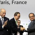 TOPSHOT - French President Francois Hollande (R) shakes hands with UN secretary general Ban Ki-moon next to French Foreign Minister and COP21 president Laurent Fabius (L) during the final session of the COP21 United Nations climate change conference in Le Bourget, near Paris, on December 12, 2015. / AFP / POOL / PHILIPPE WOJAZERPHILIPPE WOJAZER/AFP/Getty Images