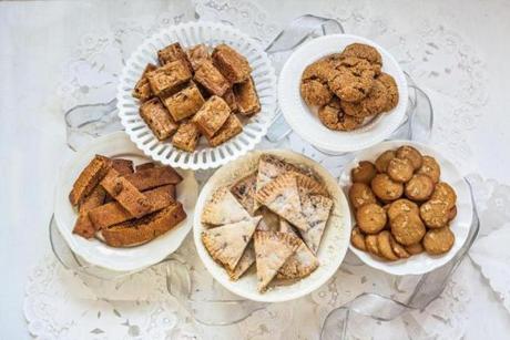 Clockwise from top left: toffee blondies, molasses-spice cookies with figs and walnuts, Auntie Rose?s brown sugar-walnut icebox cookies, chocolate-chunk shortbread, and hermits.
