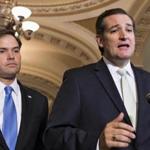 FILE - In this Sept. 27, 2013 file photo, Sen. Ted Cruz, R-Texas, right, accompanied by Sen. Marco Rubio, R-Fla., speaks on Capitol Hill in Washington. Republican presidential rivals Rubio and Cruz are backpedaling furiously as they try to outmaneuver each other on immigration. Rubio co-wrote a massive 2013 immigration bill that passed the Senate. He disavows it now, but Cruz won?t stop talking about it. (J. Scott Applewhite/Associated Press)