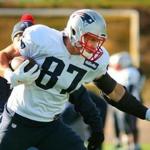 Foxborough-12/16/15 The New England patriots held practice at the practice field at Gillette Stadium. Rob Gronkowski carries a ball during a drill. Boston Globe staff photo by John Tlumacki(sports)