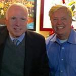 From left: Union Oyster House owner Joe Milano, John McCain, and Lindsey Graham.