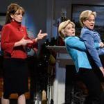 From left: Tina Fey as Sarah Palin, Kate Mckinnon as 2016 Hillary Clinton, and Amy Poehler as 2008 Hillary. 