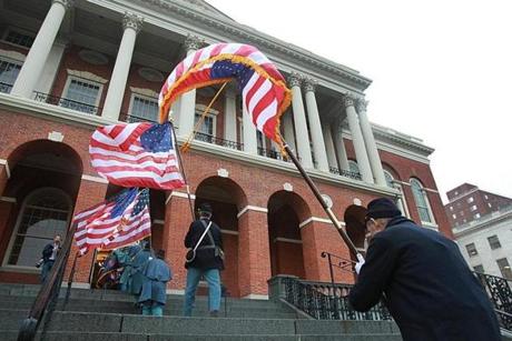 The Return of the Flags ceremony at the Massachusetts State House. 
