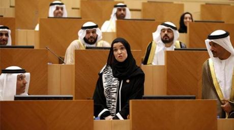 Newly-elected speaker of the UAE Federal National Council (FNC), Amal Al Qubaisi speaks during the inaugural session of the new FNC, in Abu Dhabi, United Arab Emirates on Nov. 18. Amal Al Qubaisi was elected as speaker of the FNC becoming the first woman to assume the post.
