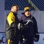 Bruins coach Claude Julien (left) and Patriots coach Bill Belichick skated together on the Winter Classic rink installed at Gillete Stadium on Thursday, Dec. 31, 2015. (Courtesy Boston Bruins)
