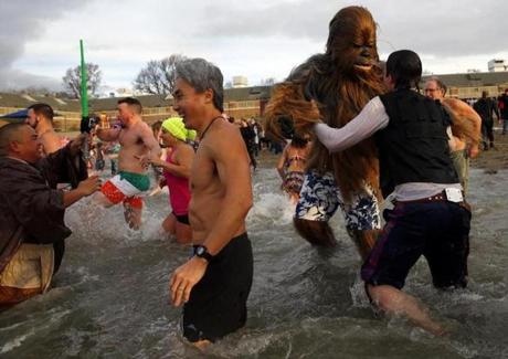 Mark Poutenis of Lunenburg dressed as Chewbacca to take the plunge into Dorchester Bay. 
