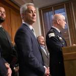 Chicago Mayor Rahm Emanuel (C) listened earlier this week as Interim Chicago Police Superintendent John Escalante addressed changes in training and procedures that will take place at the police department in the wake of recent shootings. 