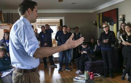 US Rep. Seth Moulton, a Northshore freshman congressman speaks to volunteers at a house party before heading out to knock on doors for Hillary Clinton in Exeter, NH, Saturday, Dec. 12, 2015. CREDIT: Cheryl Senter for The Boston Globe
