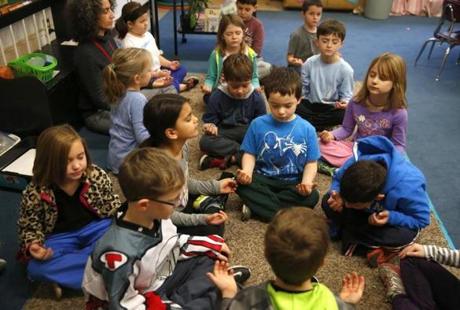 First graders in Maria Simon?s first grade class took part in a mindfulness meditation at Birch Meadow School in Reading.
