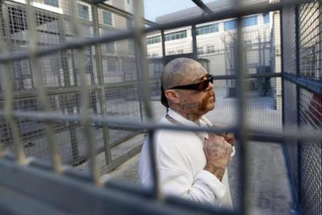 Robert Galvan, who is on death row for murder, speaks to members of the media at the Adjustment Center yard during a tour of California?s Death Row at San Quentin State Prison.
