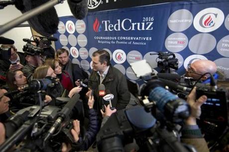 Republican presidential candidate Senator Ted Cruz spoke with members of the media during a campaign stop at Granite State Indoor Range in Hudson, N.H.
