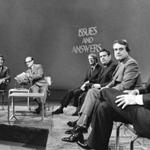 Democratic presidential contenders in 1976 on a TV set (from left) Jimmy Carter, Fred Harris, Sargent Shriver, and Morris Udall.