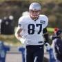 New England Patriots tight end Rob Gronkowski (87) runs during practice at the NFL football team's facility Wednesday, Dec. 16, 2015, in Foxborough, Mass. (AP Photo/Stephan Savoia)