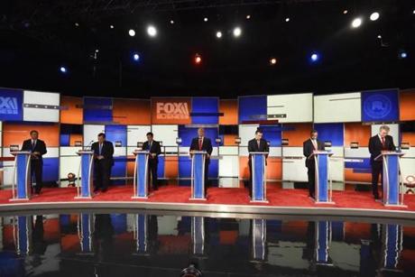 The Republican presidential candidates at the debate on Thursday. 
