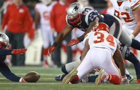 The Patriots recovered a fumble from Chiefs running back Knile Davis in the third quarter.
