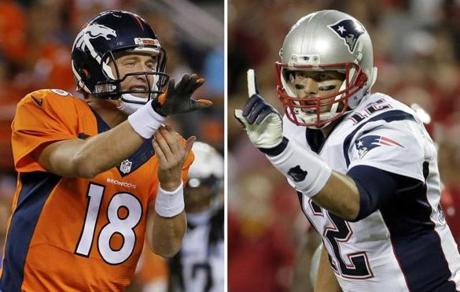 Denver Broncos quarterback Peyton Manning (left) and New England Patriots quarterback Tom Brady. 
