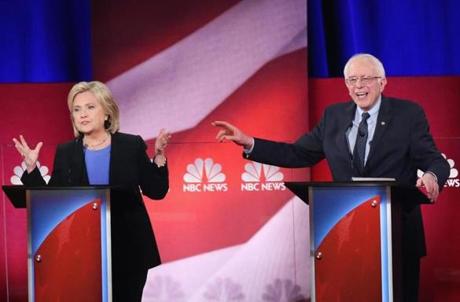 Hillary Clinton and Bernie Sanders during the Democratic debate  in Charleston, South Carolina.

