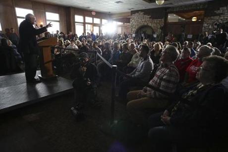 In this photo taken Tuesday, Jan. 19, 2016, Democratic presidential candidate Sen. Bernie Sanders, I-Vt., asks for support during the Feb. 1 Iowa Caucus during a campaign speech at Santa Maria Winery in Carroll, Iowa. (Jeff Storjohann/Carroll Daily Times Herald via AP) MANDATORY CREDIT
