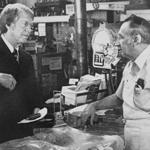 Introduced to Jimmy Carter (left) in 1975, Lloyd Robie, proprietor of Robie?s Country Store in Hooksett, famously replies, ?Jimmy who??