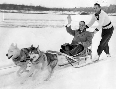 US Senator Estes Kefauver rode in a dog sled on the final lap of his three-day campaign swing through New Hampshire in 1952.
