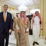 John Kerry met in Riyadh with six foreign ministers, including Saudi Arabia?s Adel al-Jubeir (middle). 