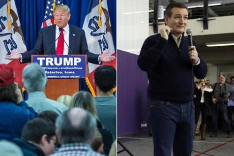 Voters will decide whether they prefer Donald Trump?s (left) aggressive populist politics or Ted Cruz?s fiery conservativism. 
