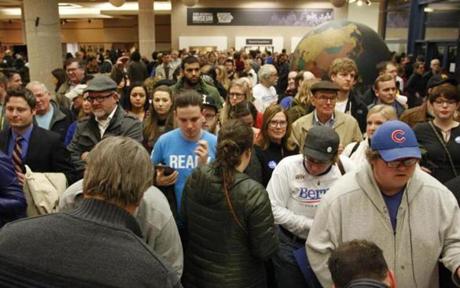 People gathered for caucus at the Iowa State Historical Society in Des Moines. 
