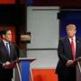 Donald Trump looks on as Sen. Marco Rubio, speaks during the Republican presidential primary debate, at the North Charleston Coliseum in North Charleston, S.C., Jan. 14, 2016. The next-to-last debate before the Iowa caucuses is being moderated by the Fox Business Channel. (Eric Thayer/The New York Times)