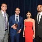 At the NFL Honors ceremony on Saturday in San Francisco were (from left) Patriots star Rob Gronkowski, Packers quarterback Aaron Rodgers, Miss Universe Pia Wurtzbach, and Packers tight end Richard Rodgers.