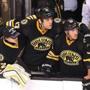 Boston--12/31/14 Bruins vs Toronto- Bruins Milan Lucic has his arms around goalie Niklas Svedberg and Brad Marchand as they watch the overtime shootout from the bench in which the Bruins lost 4-3.Boston Globe staff photo by John Tlumacki(sports)