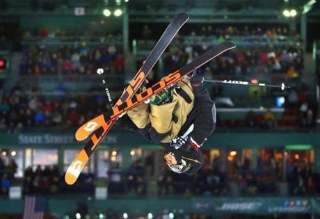 Boston-02/12/16 The freestyle ski World Cup finals of mens and ladies during the Big Air at Fenway Park. Mcrae Williams from USA upside down on his first jump. Boston Globe staff photo by John Tlumacki(sports)
