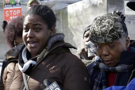 Erica Garner, left, daughter of Eric Garner, and his mother Gwen Carr, spoke to the press after attending a court hearing in Feb. 2015.
