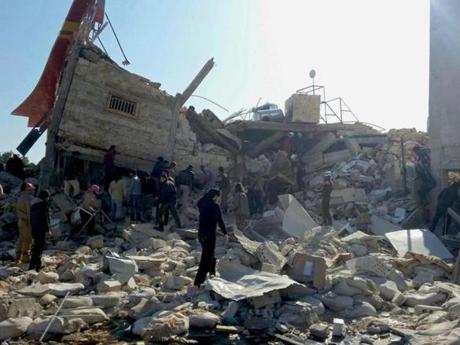 epaselect epa05162072 A handout image dated 15 February 2016, provided by the MÃ©decins Sans FrontiÃ¨res (MSF) or Doctors Without Bordersorganization, showing destruction and rubble at an MSF-supported hospital in Idlib province in northern Syria, largely destroyed in an attack on early 15 February 2016. At least eight staff members are missing after airstrikes at a hospital affiliated with Doctors Without Borders (MSF) in northern Syria, believed to have been carried out by Russian jets. 'We can confirm that the MSF-supported structure in Maaret al-Noumaan in northern Idlib was destroyed this morning in airstrikes,' said Mirella Hodeib, a press offer at MSF in Beirut. MSF said 40,000 people would be cut off from access to medical services as a result of the latest strikes on the hospital in Idlib. Three MSF-supported hospitals were recently damaged in Aleppo. EPA/SAM TAYLOR / MSF / HANDOUT HANDOUT EDITORIAL USE ONLY/NO SALES
