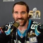 Feb 2, 2016; San Jose, CA, USA; Carolina Panthers defensive end Jared Allen addresses the media at press conference prior to Super Bowl 50 at the San Jose McNery Convention Center. Mandatory Credit: Kirby Lee-USA TODAY Sports