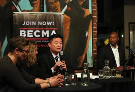With members of his executive cabinet, School Superintendent Tommy Chang spoke about the state of Boston public education at Darryl's Corner Bar & Kitchen on Monday.
