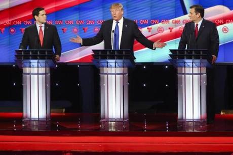 Marco Rubio, Donald Trump, and Ted Cruz during the Republican debate on Thursday in Houston.
