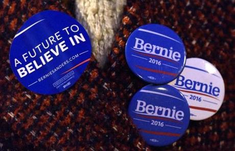 A Bernie Sanders supporter in London, England, sported buttons on Super Tuesday. 
