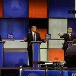 Donald Trump reacted to Ted Cruz as Marco Rubio listened during Thursday night?s debate.