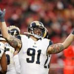 SANTA CLARA, CA - JANUARY 03: Chris Long #91 of the St. Louis Rams reacts after a play against the San Francisco 49ers during their NFL game at Levi's Stadium on January 3, 2016 in Santa Clara, California. (Photo by Ezra Shaw/Getty Images)