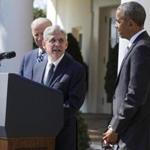 Federal appeals court judge Merrick Garland, center, speaks as President Barack Obama, right, and Vice President Joe Biden listen after he was introduced as Obama?s nominee for the Supreme Court during an announcement in the Rose Garden of the White House, on Wednesday, March 16, 2016, in Washington. (AP Photo/Evan Vucci)