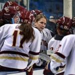 Boston College women?s hockey coach Katie Crowley, shown during Friday?s semifinal against Clarkson, knows her team faces a challenge in No. 3 Minnesota.