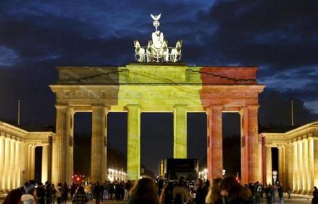 Germany?s Brandenburg Gate was illuminated in the colors of the Belgian flag. 
