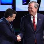 Republican presidential candidate Ted Cruz (left) greeted former Florida governor Jeb Bush before the start of a debate last December. Bush Wednesday gave his backing to Cruz in a move cast by many as a step designed to hurt Donald Trump more than help the unpopular Texas senator.