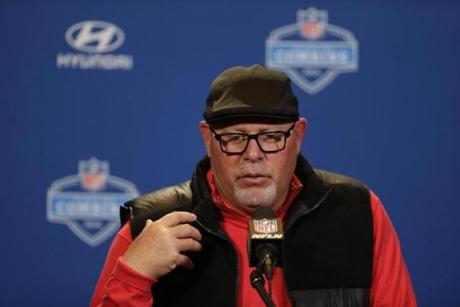 Arizona Cardinals head coach Bruce Arians speaks during a press conference at the NFL football scouting combine in Indianapolis, Wednesday, Feb. 24, 2016. (AP Photo/Michael Conroy)
