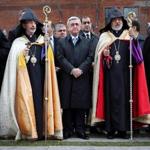 Archbishop Khajag Barsamian of the Armenian Church of America (left), Armenian President Serzh Sargsyan, and Archbishop Oshagan Choloyan of the Armenian Apostolic Church of America took part in a wreath-laying ceremony in memory of victims of the Armenian genocide at the Armenian Heritage Park on the Rose Kennedy Greenway on Tuesday.