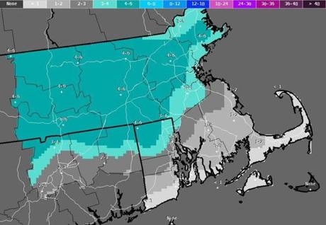The latest snowfall estimate issued early Monday by the National Weather Service.
