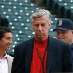 04/04/16: Cleveland, OH: Red Sox President Dave Dombrowski (front center) along with GM Mike Hazen (backround left) and manager John Farrell (backrpound right) are pictured on the field before the game was called off. The Boston Red Sox visited the Cleveland Indians at Progressive Field for Opening Day of the 2016 Major League baseball season. (Globe Staff Photo/Jim Davis) section:sports topic:Red Sox